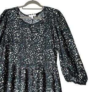 Black Teal White Animal Print Tiered Midi Dress Women's Size 1X Ballon Sleeve‎